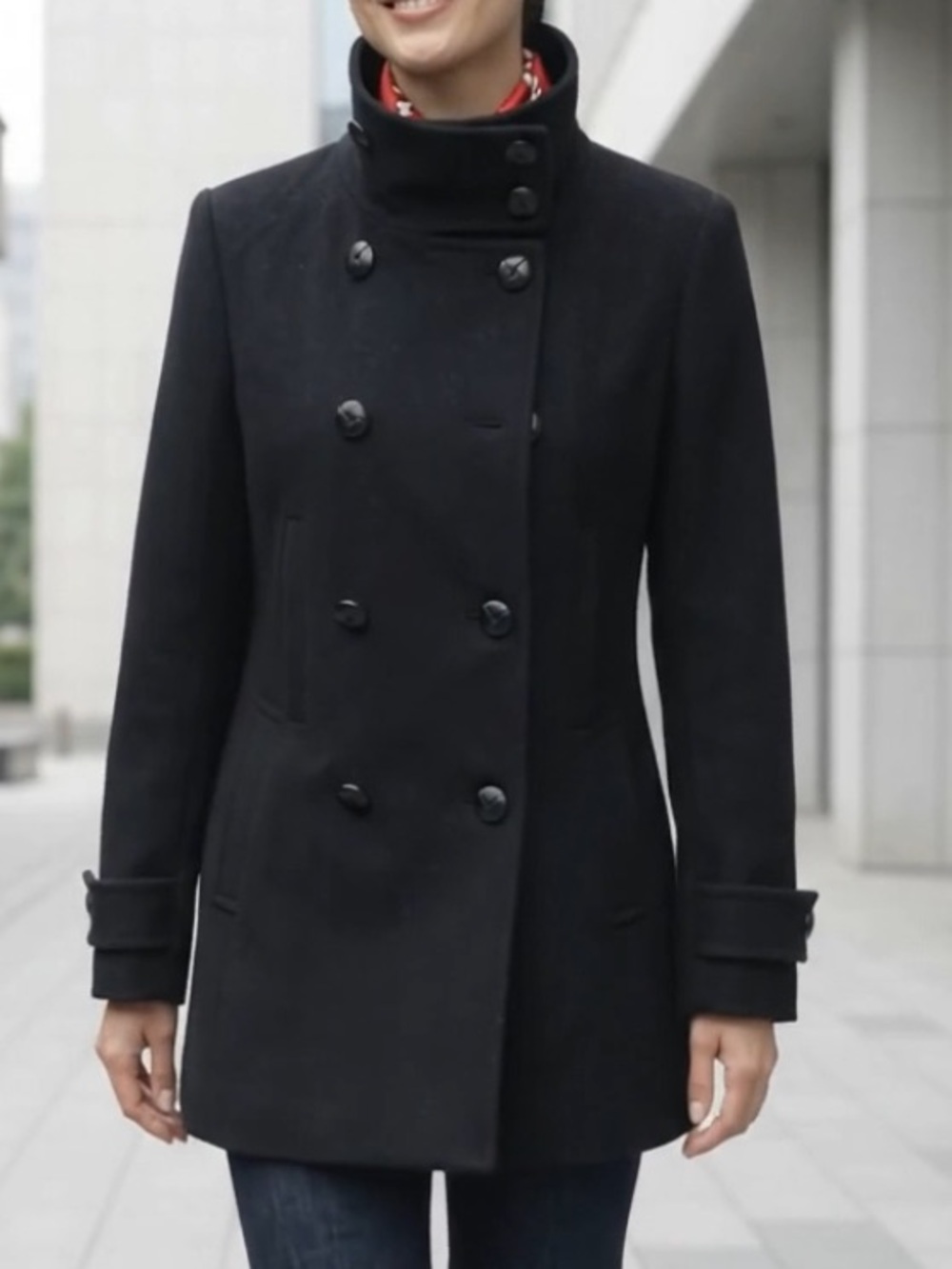 Cardinal of Canada 🇨🇦 Wool Cashmere Coat 3/4 Funnel Neck Pea Jacket Black S